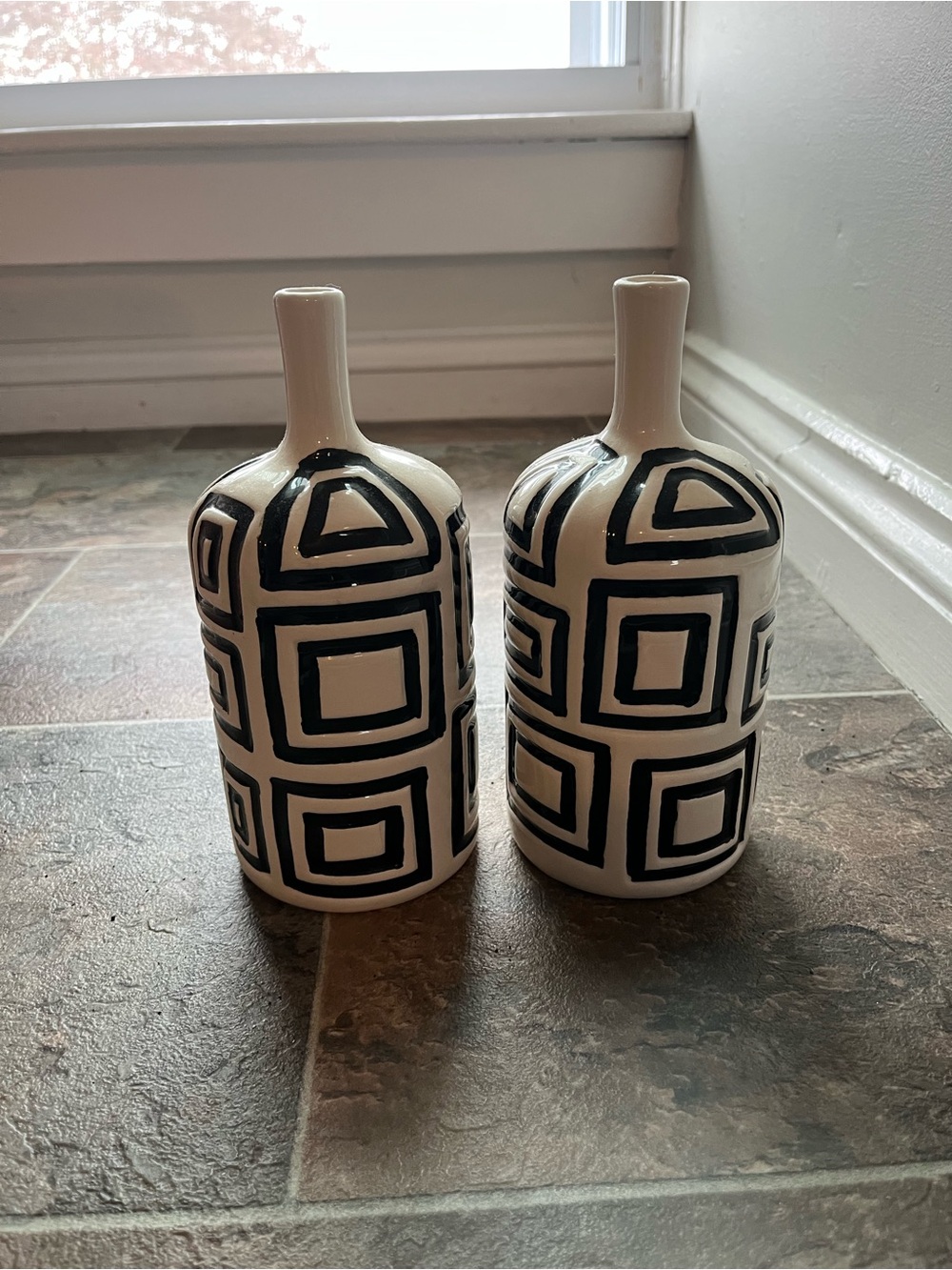 Decorative Black & White Geometric Ceramic Bud Vases - Set of 2